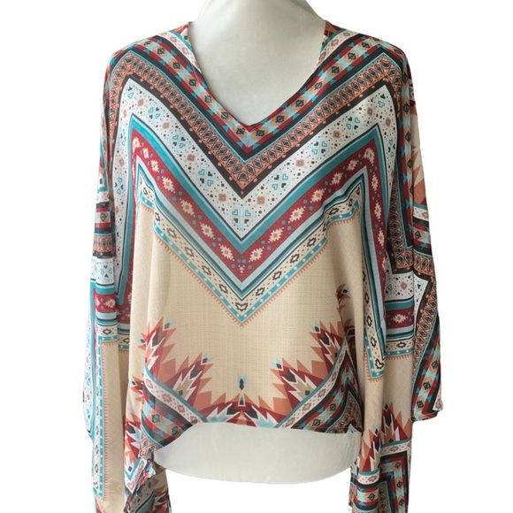 Rue21 Cream and Red Chevron Poncho Kimono Batwing Blouse Shirt - Picture 2 of 12